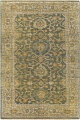 Close-up of the hand-knotted Clunes Area Rug. Traditional oriental design in grass green, sage, yellow, and light beige wool. Design-Rectangle-69
