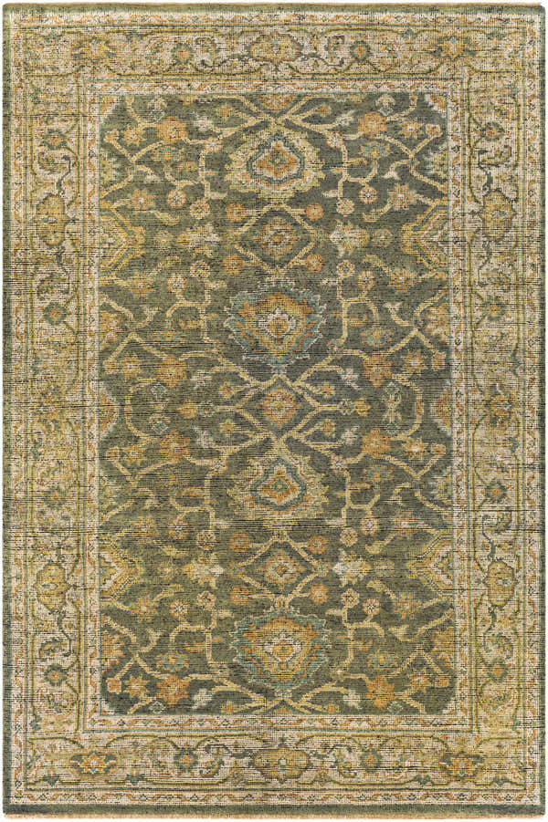 Close-up of the hand-knotted Clunes Area Rug. Traditional oriental design in grass green, sage, yellow, and light beige wool. Design-Rectangle-69