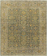 Close-up of the hand-knotted Clunes Area Rug. Traditional oriental design in black, brown, sage green, yellow, and light beige. Design-Rectangle-810