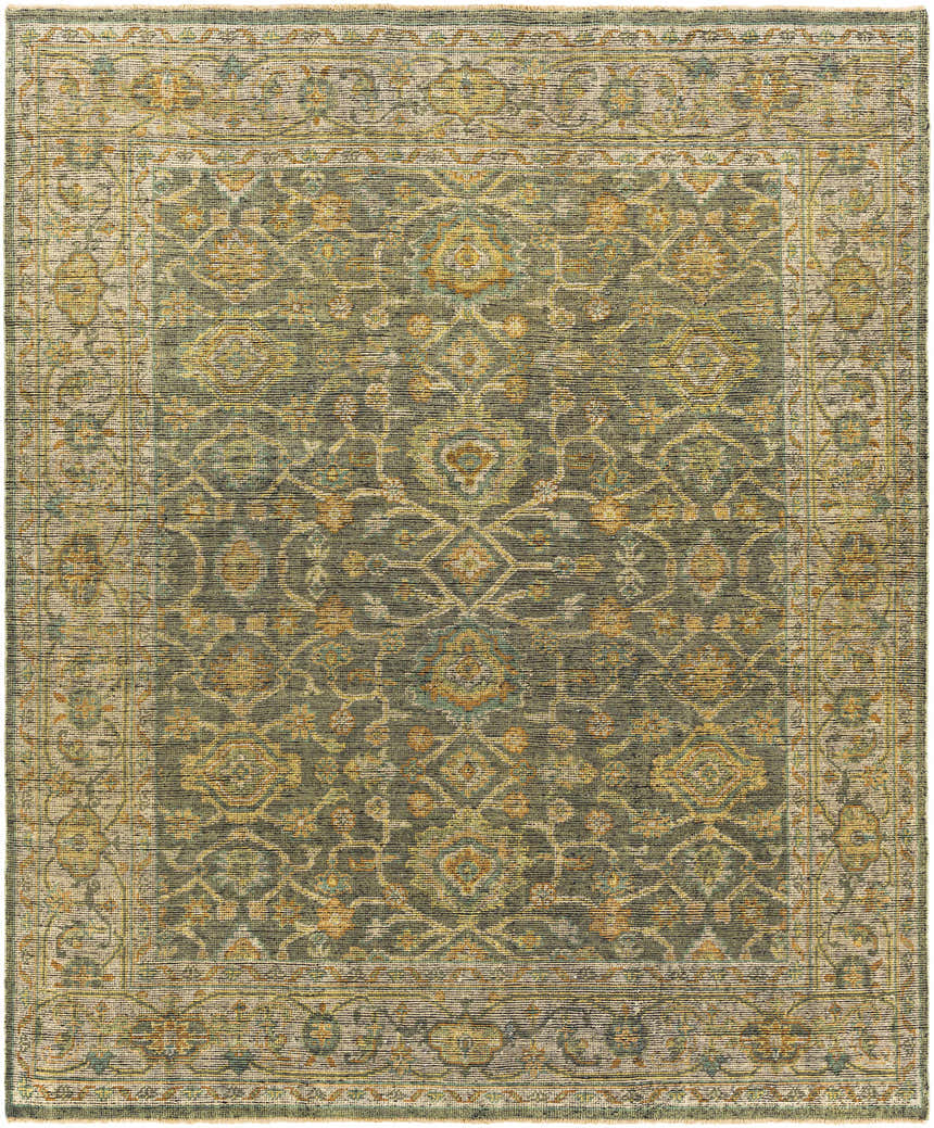 Close-up of the hand-knotted Clunes Area Rug. Traditional oriental design in black, brown, sage green, yellow, and light beige. Design-Rectangle-810