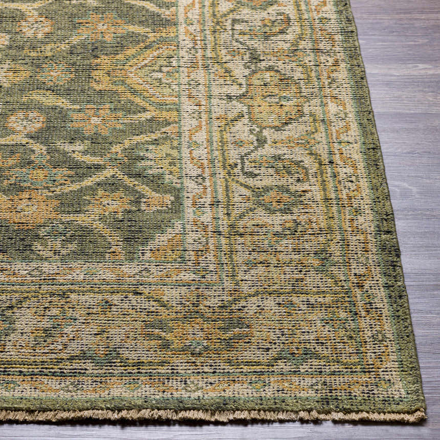 Close-up of the hand-knotted Clunes Area Rug. Features a traditional oriental design in grass green, light beige, and brown wool. Front
