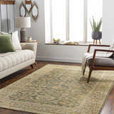 Living room scene with a sage and beige Clunes Area Rug, sofa, chair, and natural light. Roomscene-Rectangle