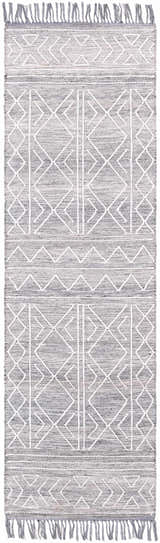 Close-up of Gray Clintwood Wool Tassel Carpet. Hand-woven rug with charcoal, cream, and white geometric pattern and tassels. Design-Runner-268