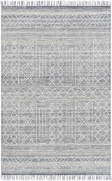 Close-up of Gray Clintwood Wool Tassel Carpet. Hand-woven rug with charcoal, cream, and white geometric pattern and tassels. Design-Rectangle-5373