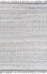 Close-up of Gray Clintwood Wool Tassel Carpet. Hand-woven rug with charcoal, cream, and white geometric pattern and fringe. Design-Rectangle-576