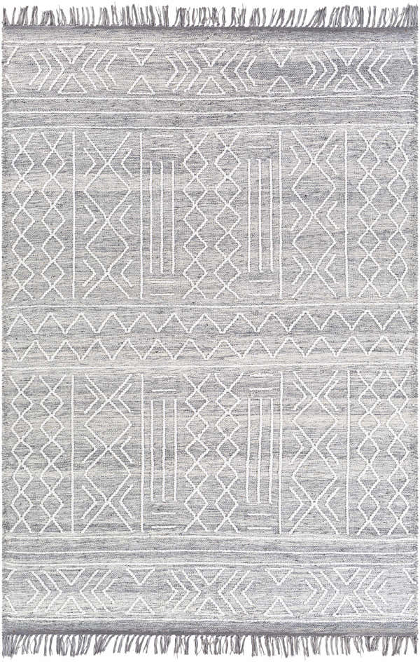 Close-up of Gray Clintwood Wool Tassel Carpet. Hand-woven rug with charcoal, cream, and white geometric pattern and fringe. Design-Rectangle-576