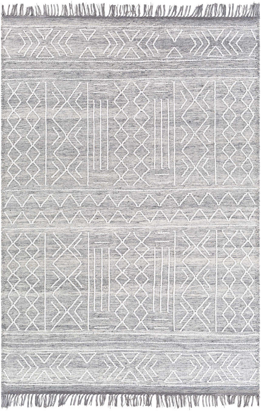 Close-up of Gray Clintwood Wool Tassel Carpet. Hand-woven rug with charcoal, cream, and white geometric pattern and fringe. Design-Rectangle-576
