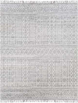 Close-up of Gray Clintwood Wool Tassel Carpet with geometric white pattern and tassels. Bohemian style. Design-Rectangle-810