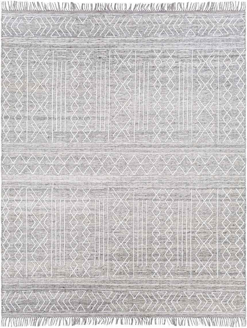 Close-up of Gray Clintwood Wool Tassel Carpet with geometric white pattern and tassels. Bohemian style. Design-Rectangle-810