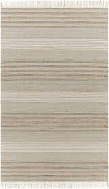 Close-up of the hand woven Calinog Area Rug. Features a striped pattern in charcoal, tan, and beige. Design-Rectangle-576