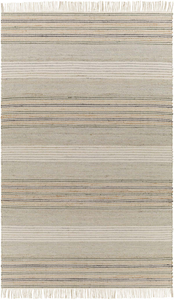 Close-up of the hand woven Calinog Area Rug. Features a striped pattern in charcoal, tan, and beige. Design-Rectangle-576