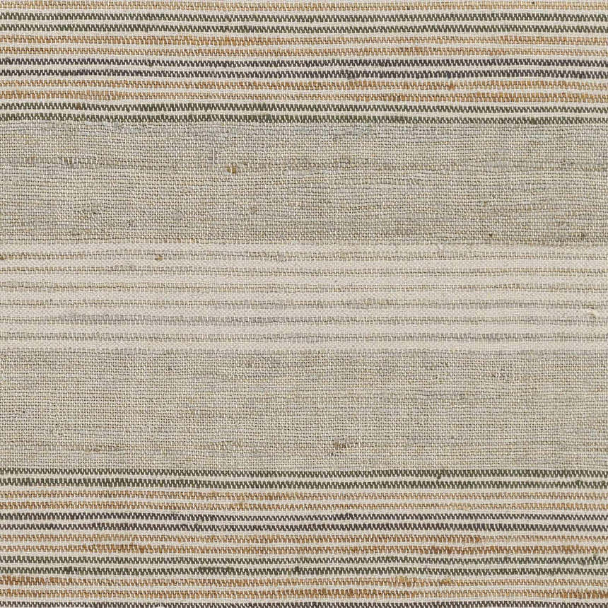 Close-up of the Calinog Area Rug showing a hand-woven texture with charcoal, tan, and beige horizontal stripes. Swatch