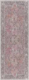 Close-up of a Clondalkin Washable Printed Jute Rug. Charcoal, beige, brown, red, and taupe vintage-style oriental rug pattern. Design-Runner-2773