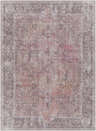 Close-up of the Clondalkin Washable Printed Jute Rug. Vintage style rug in charcoal, beige, brown, red, and taupe. Design-Rectangle-5373