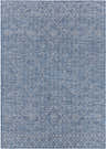 Close-up of Lorena Blue Flatweave Trellis Area Carpet. Blue rug with a light geometric diamond pattern. Design-Rectangle-537