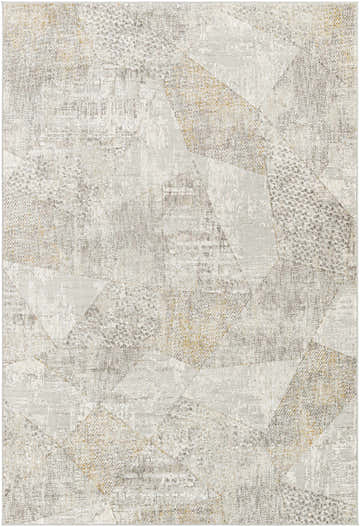 Close-up of the Cloudland Textured Luxe Area Rug. Abstract geometric design in gray, light gray, off white, and taupe. Design-Rectangle-573