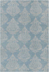 Close-up of the Clarklake Area Carpet. Blue wool rug with a light sage traditional damask pattern. Hand knotted. Design-Rectangle-69