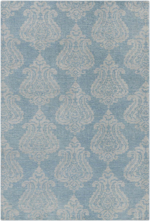 Close-up of the Clarklake Area Carpet. Blue wool rug with a light sage traditional damask pattern. Hand knotted. Design-Rectangle-69