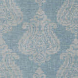 Close-up of the Clarklake Area Carpet. Blue rug with light sage traditional damask pattern, hand knotted wool texture. Swatch