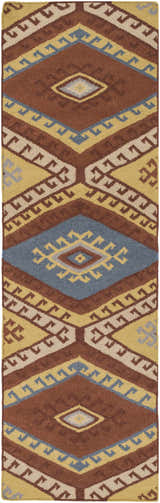 Hand woven Clutier Clearance Rug with a geometric diamond pattern in beige, blue, brown, and mustard tones. Design-Runner-268