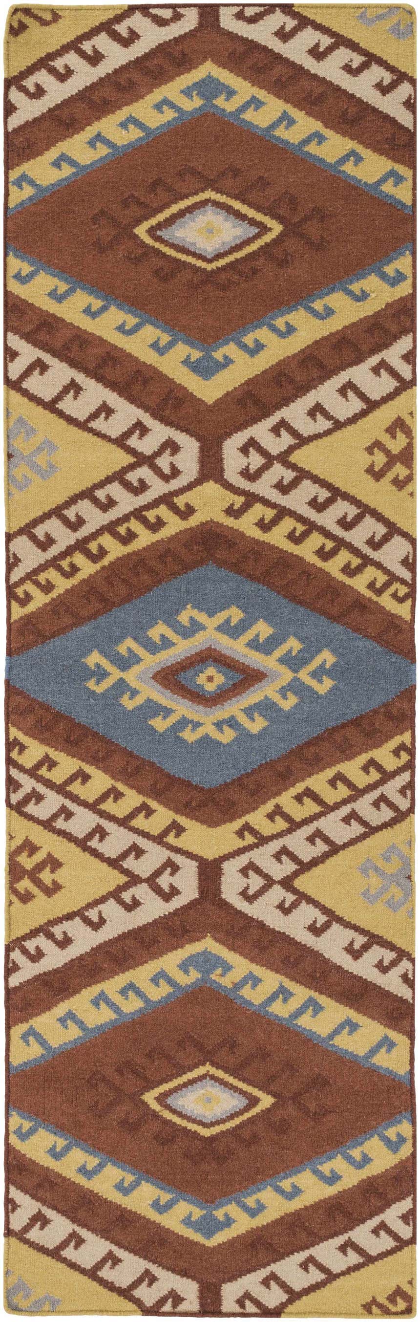 Hand woven Clutier Clearance Rug with a geometric diamond pattern in beige, blue, brown, and mustard tones. Design-Runner-268