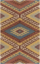 Close-up of the Clutier Clearance Rug. Hand-woven wool rug with beige, blue, brown, mustard, and rose geometric pattern. Design-Rectangle-576