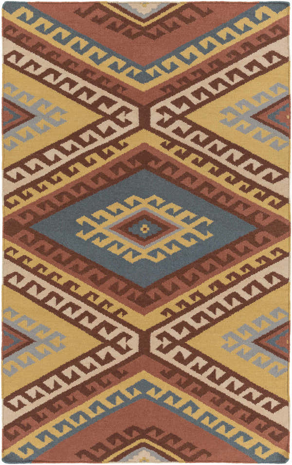Close-up of the Clutier Clearance Rug. Hand-woven wool rug with beige, blue, brown, mustard, and rose geometric pattern. Design-Rectangle-576