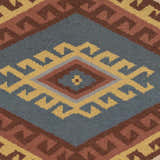 Close up of the Clutier Clearance Rug. Hand woven wool rug with beige, blue, brown, mustard, and rose geometric design. Swatch