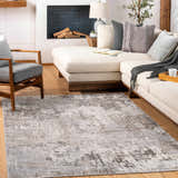 Living room scene with a charcoal, gray, and light gray Calvinia Area Rug, cream sofa, and modern fireplace. Roomscene-Rectangle