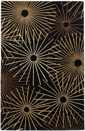 Close-up of Clover Black Modern Wool Rug with tan and dark brown burst pattern on black background. Design-Rectangle-58
