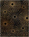 Close-up of the Clover Black Modern Wool Rug featuring a tan starburst pattern on a black background. Hand-tufted texture. Design-Rectangle-7696