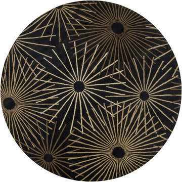 Close-up of round Clover Black Modern Wool Rug with tan and brown starburst pattern on a black background. Design-Round-8