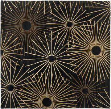 Close-up of the Clover Black Modern Wool Rug featuring a starburst pattern in tan and dark brown on a black background. Design-Square-8