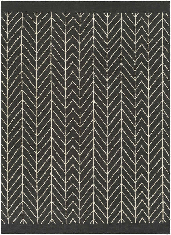 Close-up of a black and off white Clymer Wool Rug with a hand woven, contemporary herringbone pattern. Design-Rectangle-576