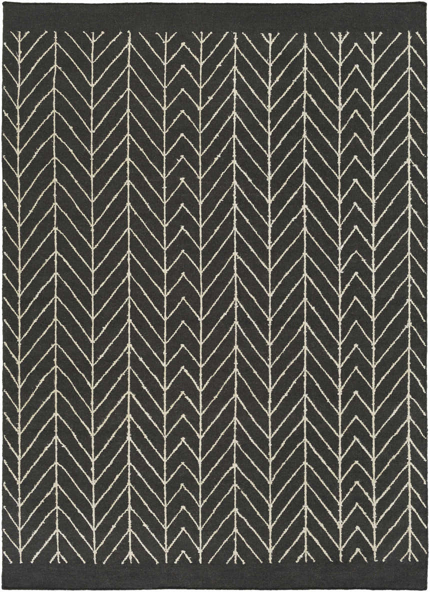 Close-up of a black and off white Clymer Wool Rug with a hand woven, contemporary herringbone pattern. Design-Rectangle-576