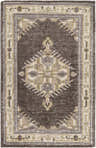 Top-down view of the Clyo Carpet, a hand-knotted wool rug in brown, gray, and off-white with a traditional pattern. Design-Rectangle-23
