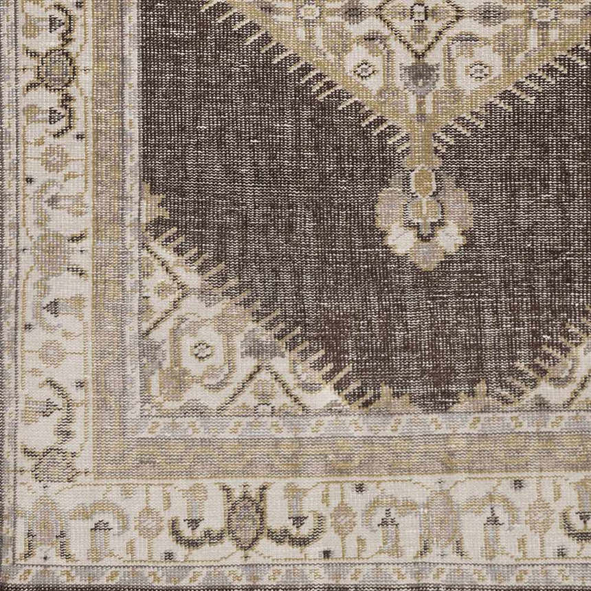 Close-up of brown and off-white Clyo Carpet with traditional floral and geometric patterns. Swatch