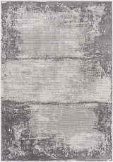 Close-up of the Coombs Area Rug. Charcoal, gray, and light gray distressed pattern. Machine woven texture. Design-Rectangle-5377