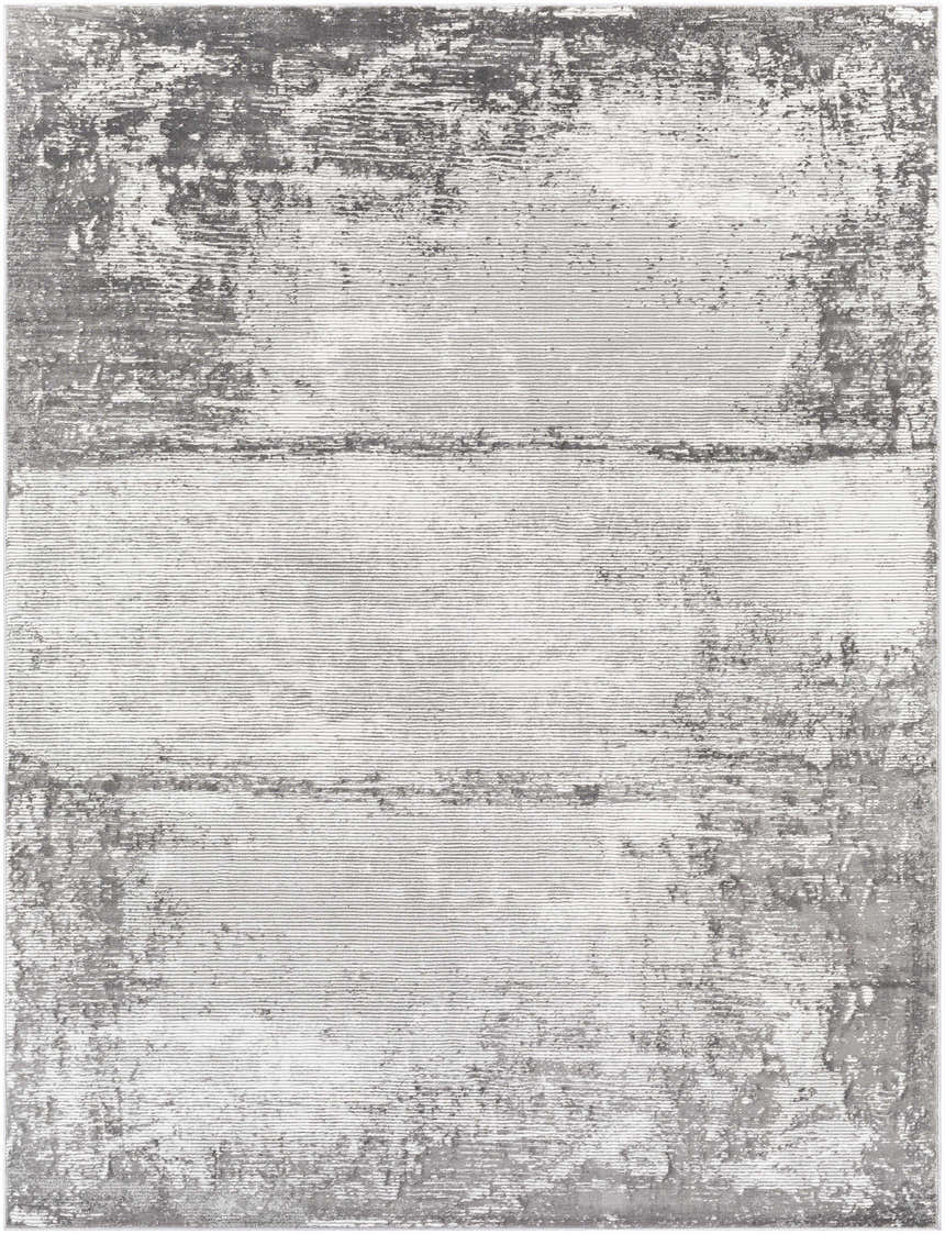 Close-up of the Coombs Area Rug: charcoal, gray, and light gray abstract pattern with horizontal lines. Design-Rectangle-710102