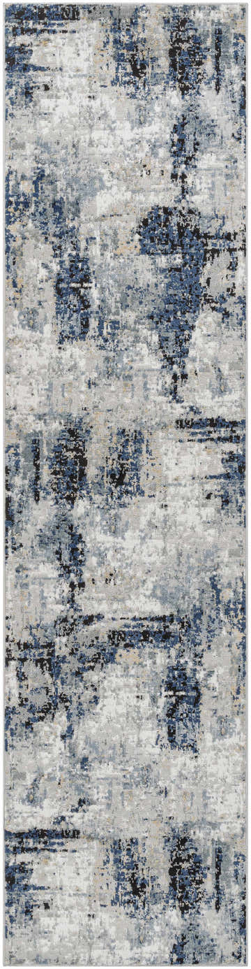 Close-up of the Campsall Area Rug, featuring a contemporary abstract design in cream, dark gray, light blue, and light gray. Design-Runner-2710