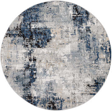 Round Campsall Area Rug with a contemporary abstract design in cream, dark gray, light blue, and light gray. Design-Round-67