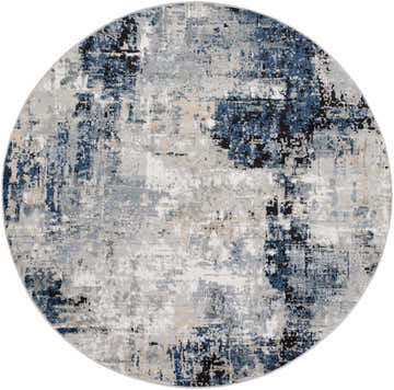 Close-up of round Campsall Area Rug with cream, dark gray, light blue, and light gray abstract pattern. Design-Round-710