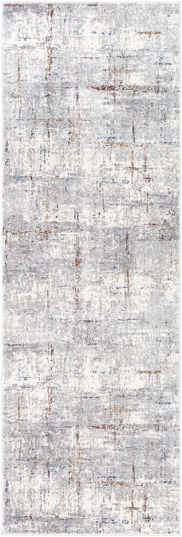 Close-up of the Concordia Faux Silk Rug; a contemporary rug in shades of gray, off-white, blue, and burnt orange. Design-Runner-2777