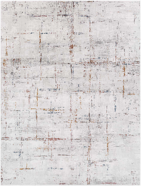Close-up of Concordia Faux Silk Rug. Abstract design in off white, gray, burgundy, burnt orange, and navy. Contemporary style. Design-Rectangle-710103