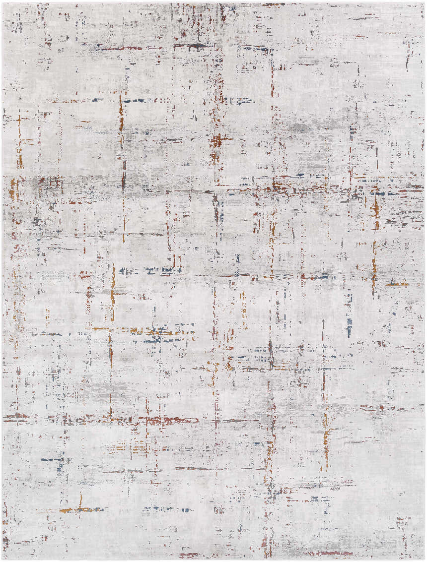 Close-up of Concordia Faux Silk Rug. Abstract design in off white, gray, burgundy, burnt orange, and navy. Contemporary style. Design-Rectangle-710103