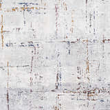 Close-up of the Concordia Faux Silk Rug. Abstract design with gray, off-white, burgundy, burnt orange, and navy accents. Swatch