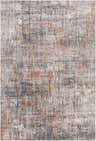 Close-up of the Candiac Area Rug: beige, burnt orange, charcoal, and gray abstract design with a distressed, textured look. Design-Rectangle-5373