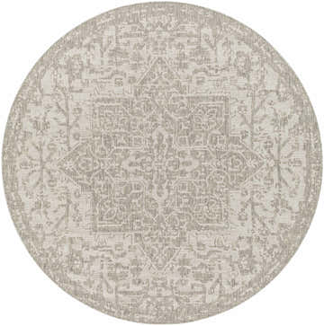 Close-up of a round Beige Kilmacolm Outdoor Rug with a traditional oriental pattern in light beige, oatmeal, and gray tones. Design-Round-67