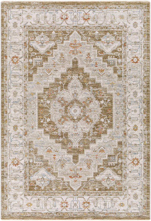 Close-up of Canadensis Thick Luxe Traditional Turkish Rug in brick red, charcoal, and beige with an oriental pattern. Design-Rectangle-575