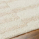 Close-up of the Cong Area Rug - Clearance, a beige shag rug with a soft, plush texture on dark wood flooring. Texture